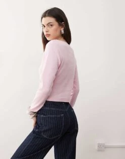 Reclaimed Vintage Ribbed Button Through Top In Light Pink For Women -Closet Theory Her 208423976 4