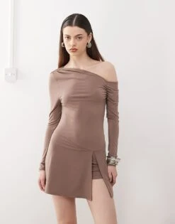 Reclaimed Vintage Slinky Long Sleeve Skort Dress In Brown For Women -Closet Theory Her 208424403 1 brown 1