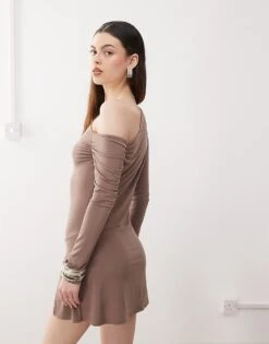 Reclaimed Vintage Slinky Long Sleeve Skort Dress In Brown For Women -Closet Theory Her 208424403 2