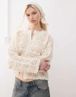 Reclaimed Vintage Crochet Cardi And Headscarf Set In Cream For Women -Closet Theory Her 208424417 1 cream 1