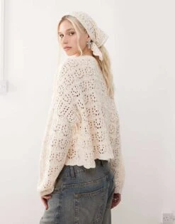 Reclaimed Vintage Crochet Cardi And Headscarf Set In Cream For Women -Closet Theory Her 208424417 4