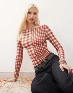 Reclaimed Vintage Slash Neck Long Sleeve Mesh Top In Red Gingham For Women -Closet Theory Her 208454471 1 red 1