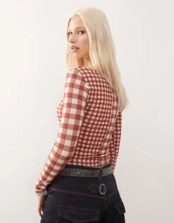 Reclaimed Vintage Slash Neck Long Sleeve Mesh Top In Red Gingham For Women -Closet Theory Her 208454471 4