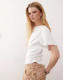 Reclaimed Vintage Slash Neck Tshirt With Ruching Detail In White For Women