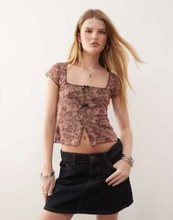 Reclaimed Vintage Square Neck Mesh Top In Paisley Print For Women Pink