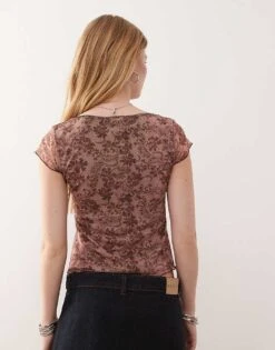 Reclaimed Vintage Square Neck Mesh Top In Paisley Print For Women Pink -Closet Theory Her 208517785 4