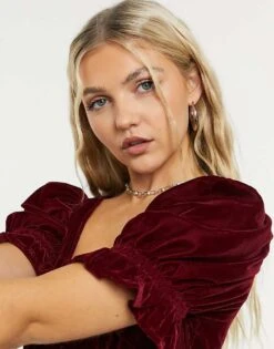 Reclaimed Vintage Inspired Puff Sleeve Mini Dress In Red Velvet For Women Dark Red -Closet Theory Her 21291443 3