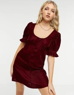 Reclaimed Vintage Inspired Puff Sleeve Mini Dress In Red Velvet For Women Dark Red -Closet Theory Her 21291443 4