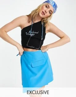 Reclaimed Vintage Inspired One Shoulder Vest With Logo Front Embroidery In Black For Women